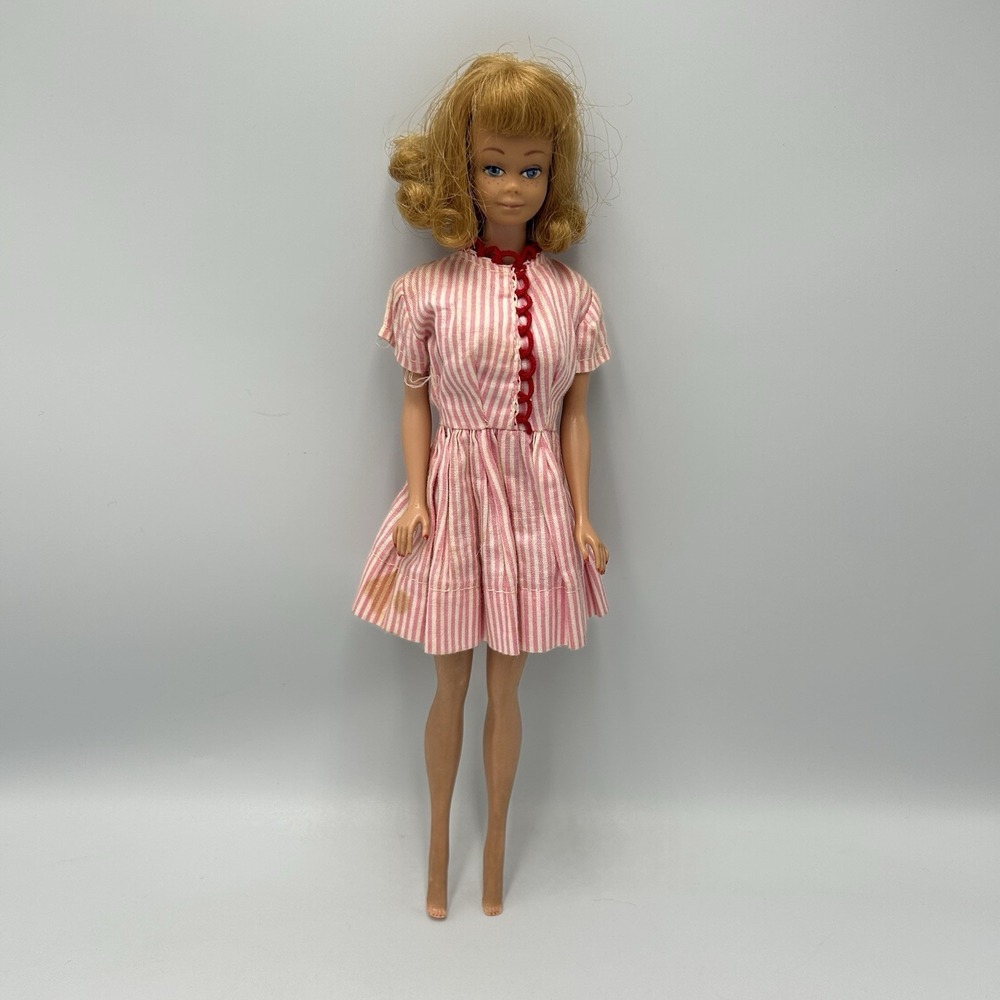 Vintage 1962 Midge Doll Straight Leg Blonde Barbie Friend Pink Striped Dress